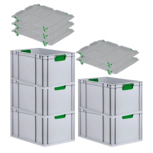 PROREGAL Spar Set: 5 Euroboxen mit Deckel, 32x40x60cm, grüne Griffe, verstärkter Boden.