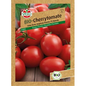 Samenpackung Sperli Bio Cherrytomate F1-Hybride mit roten, länglichen Tomaten.