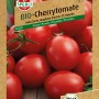 Samenpackung Sperli Bio Cherrytomate F1-Hybride mit roten, länglichen Tomaten.
