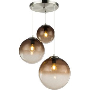 Moderne Globo Pendelleuchte Varus Chrom mit drei rauchfarbigen Glaskugeln.