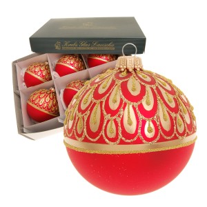 6 rote Weihnachtskugeln von Krebs Glas Lauscha mit goldenem Regendekor, 8cm, im Set.