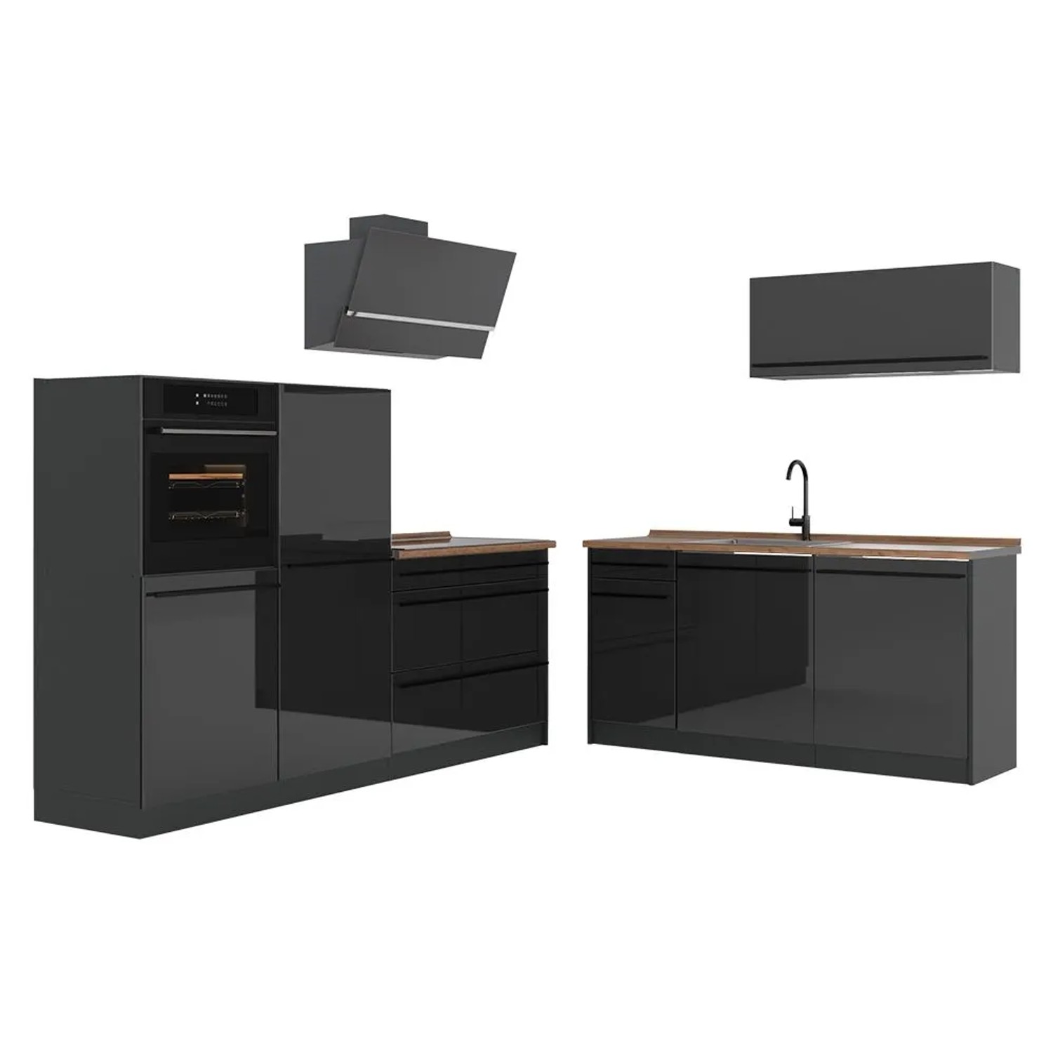 Vicco Küchenzeile R-Line Anthrazit Hochglanz/Anthrazit 220 x 143 Arbeitsplatte Goldkraft Eiche Art Nr 66300