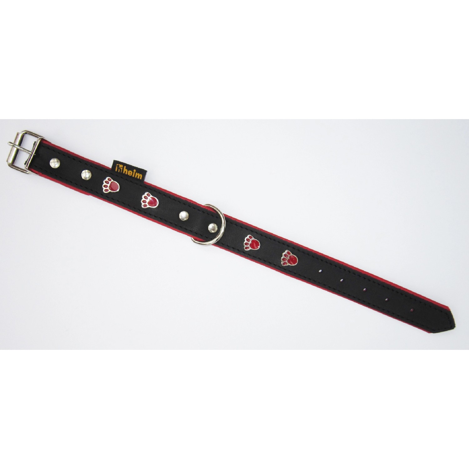 Schwarzes Heim Hundehalsband mit roten Pfoten, 22 mm breit und 35 cm lang.