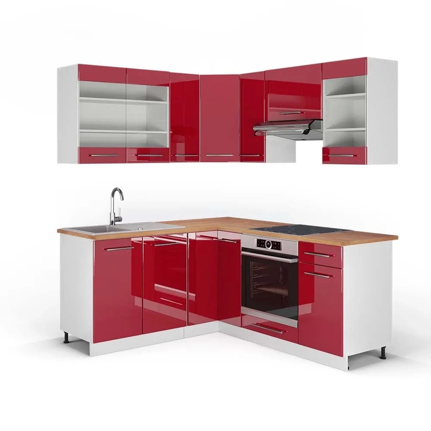 Vicco Eckküche Fame-Line Bordeaux Hochglanz/Weiß 190 x 82, AP Eiche