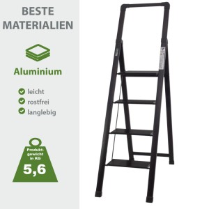 TRUTZHOLM Alu Trittleiter 4 Stufig Klappbar mit Handlauf 150kg Schwarz
