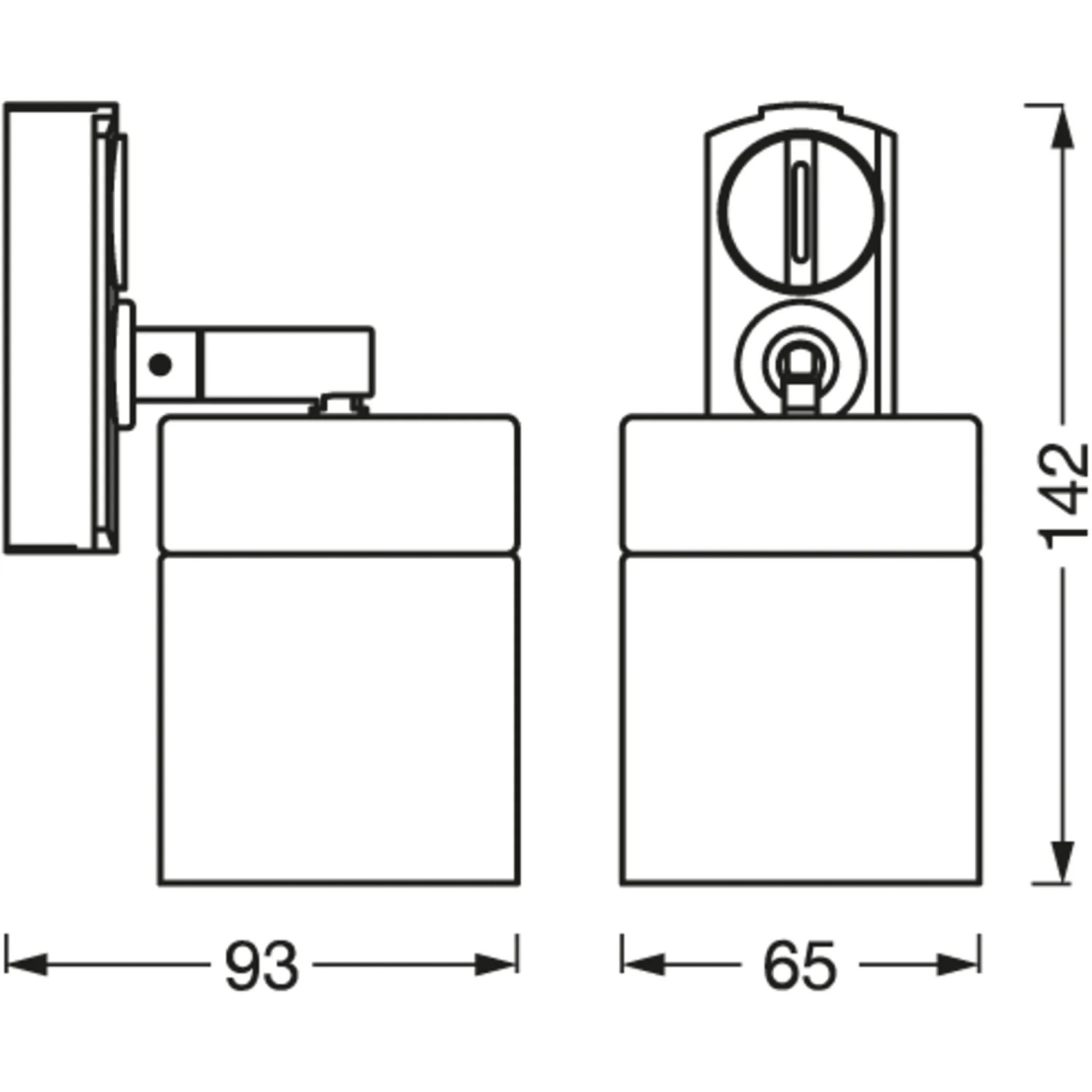 Technische Zeichnung Ledvance Schienensystem Spot Stelle Cylinder, Maße 14,2 cm, weiß-gold.