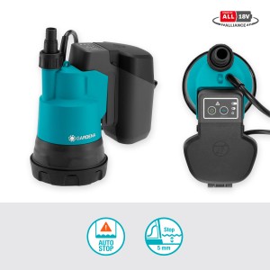 Gardena Akku-Klarwasser-Tauchpumpe 2000/2 18V P4A Ready-To-Use-Set für flexible Wasserförderung.