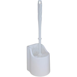 Weiße Bürstenmann WC-Garnitur mit Randreiniger und Behälter.