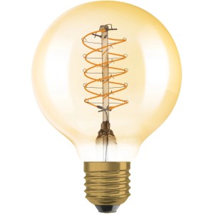 Osram LED-Leuchtmittel E27 in Globeform mit warmweißem Licht und goldener Tönung.