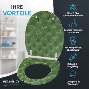 SANILO WC-Sitz mit grünem Kaktusmuster, geöffnet. Robuster Toilettensitz mit Absenkautomatik und Top Fix Montage.
