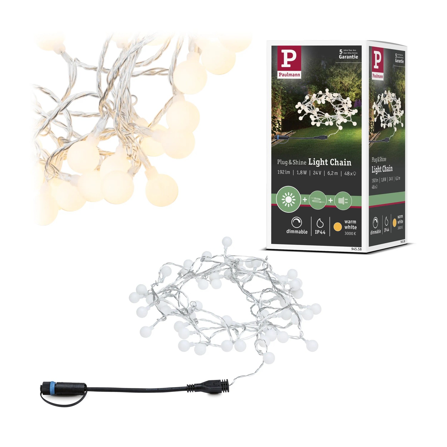 Paulmann LED-Lichterkette Plug & Shine, 5m, warmweiß, für Außenbeleuchtung.