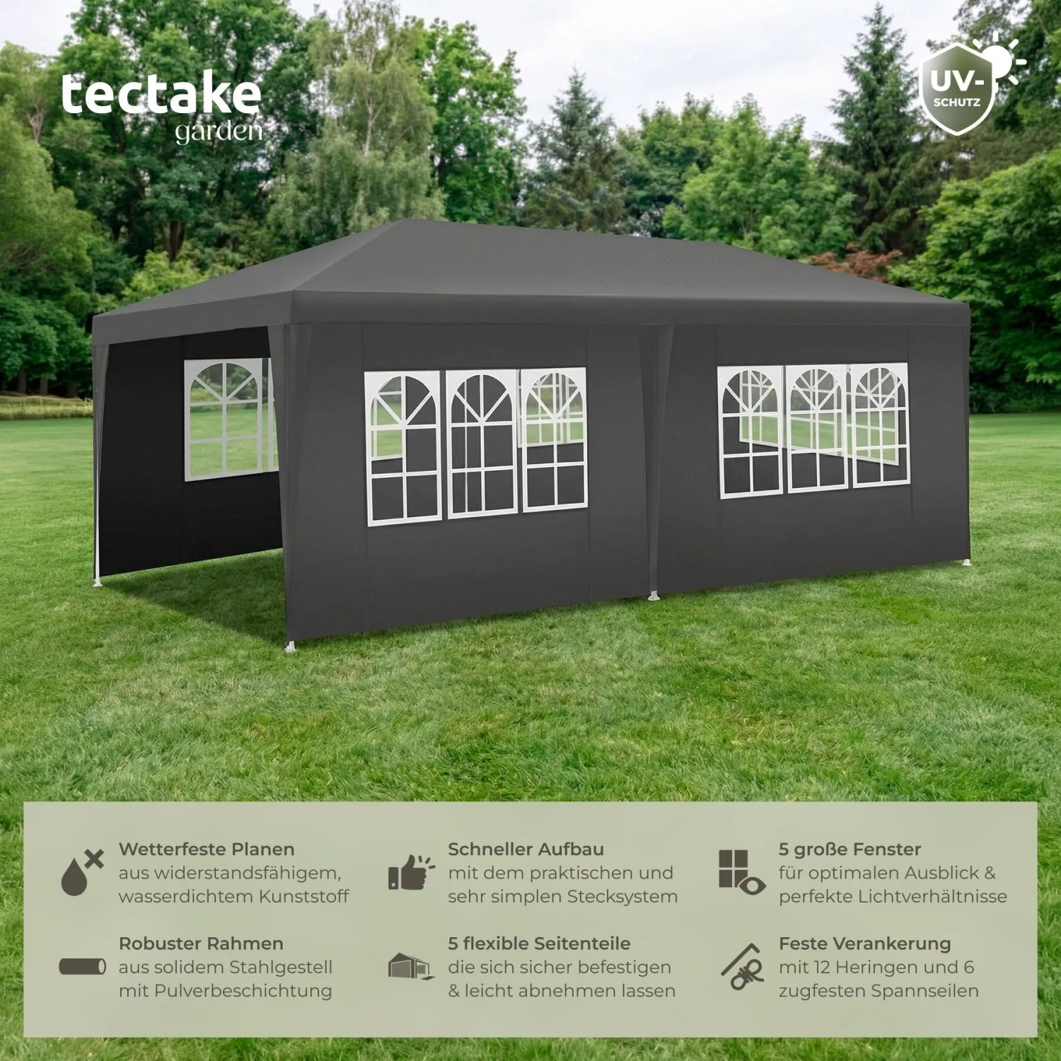 Tectake Pavillon Novara 6 x 3 M Im Stecksystem 5 Abnehmbare Seitenteile 600 x 300 x 250 cm Grau_2