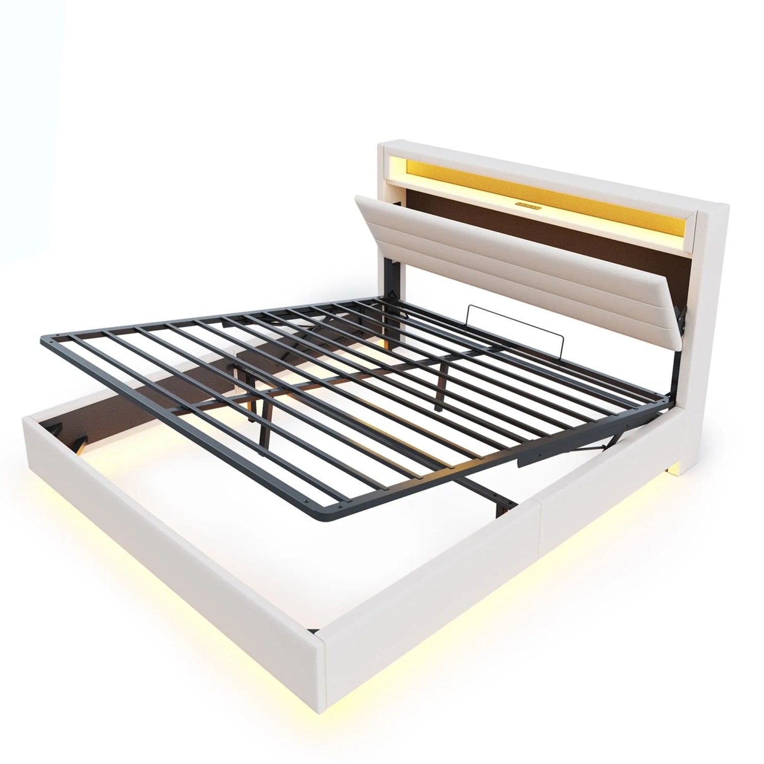Merax Polsterbett 160x200cm LED USB Hydraulik Schwebebett Beige