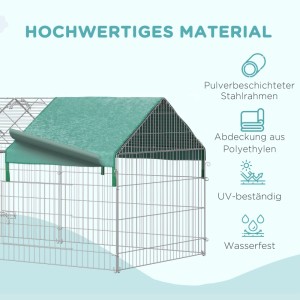 PawHut Freigehege Laufgitter: Pulverbeschichteter Stahlrahmen und grüne, UV-beständige Polyethylen-Abdeckung.
