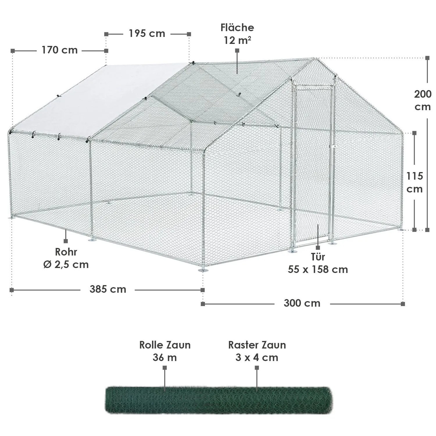 Juskys Freilaufgehege 3x4x2m: Laufstall aus Draht mit Plane, Tür und den Maßen 300x400x200 cm.