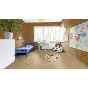 Granorte Korkwand Decodalle Twist in warmbrauner Naturkork-Textur an den Wänden eines Kinderzimmers. Ideal für Wandfliesen.