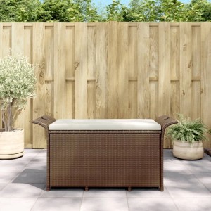 Braune furnicato Gartenbank aus Poly Rattan mit cremefarbenem Kissen, 116x46x57 cm.