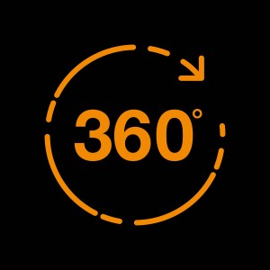 360° Symbol für Fiskars Schlauchwagen Waterwheel, der einen großen Bewässerungsbereich ermöglicht.