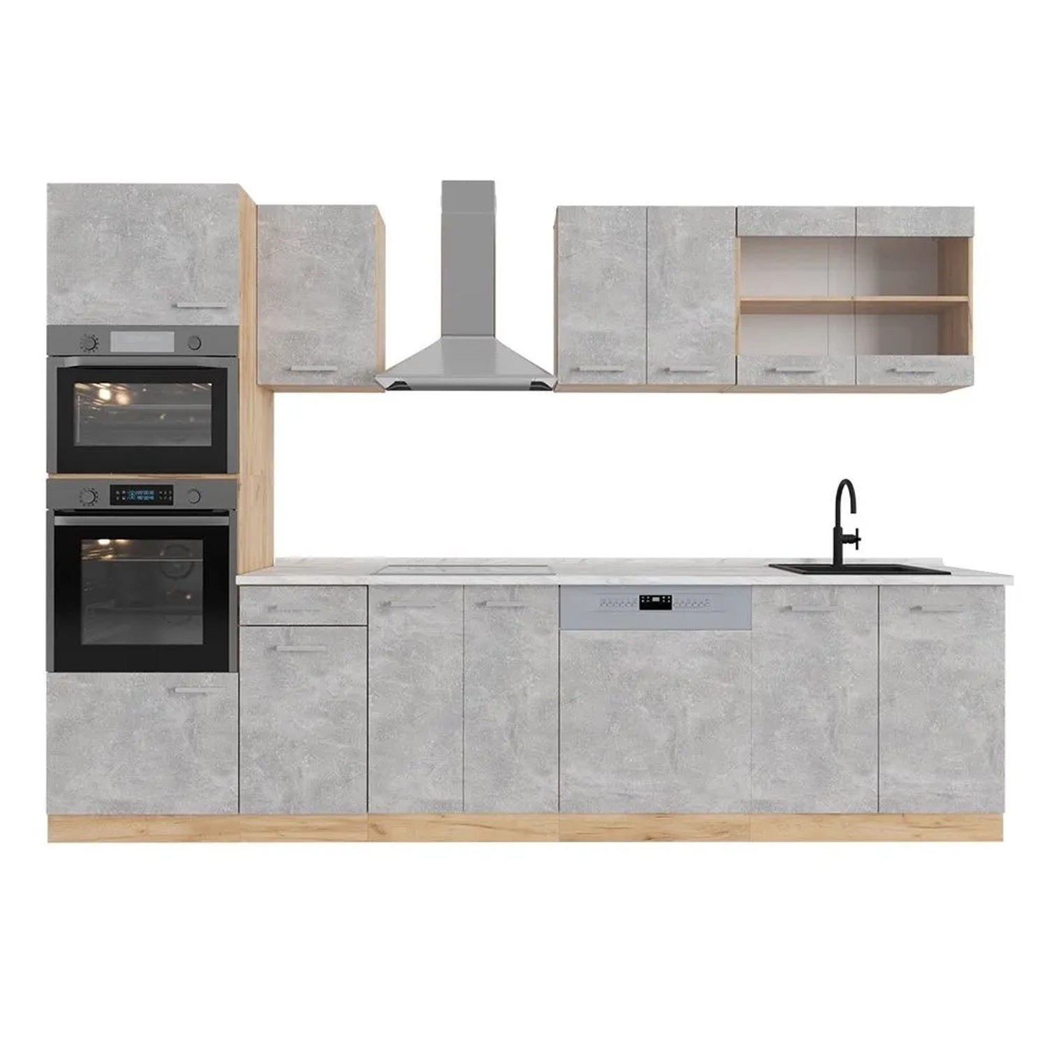 Vicco R-Line Küchenzeile Beton Goldkraft Eiche 300 cm mit HochschrankAP Marmor ohne E-Geräte