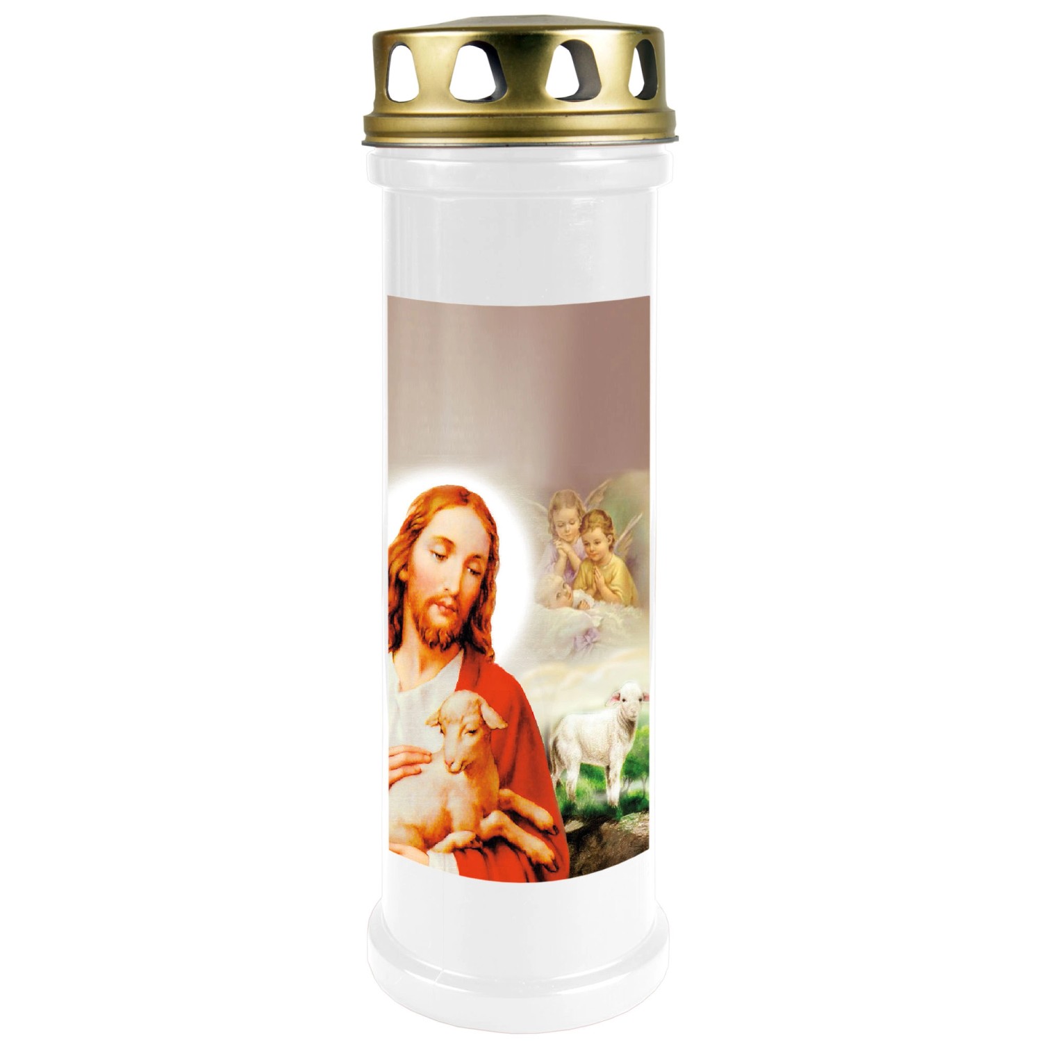 HS Candle Grabkerze Weiß 100h Deckel Gold Jesus & Lamm günstig online kaufen