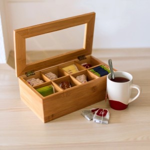 Relaxdays Teebox Bambus Natur Lackiert Luftdicht 8 Fächer 9 cm x 28 cm x 16 cm 0,8 kg