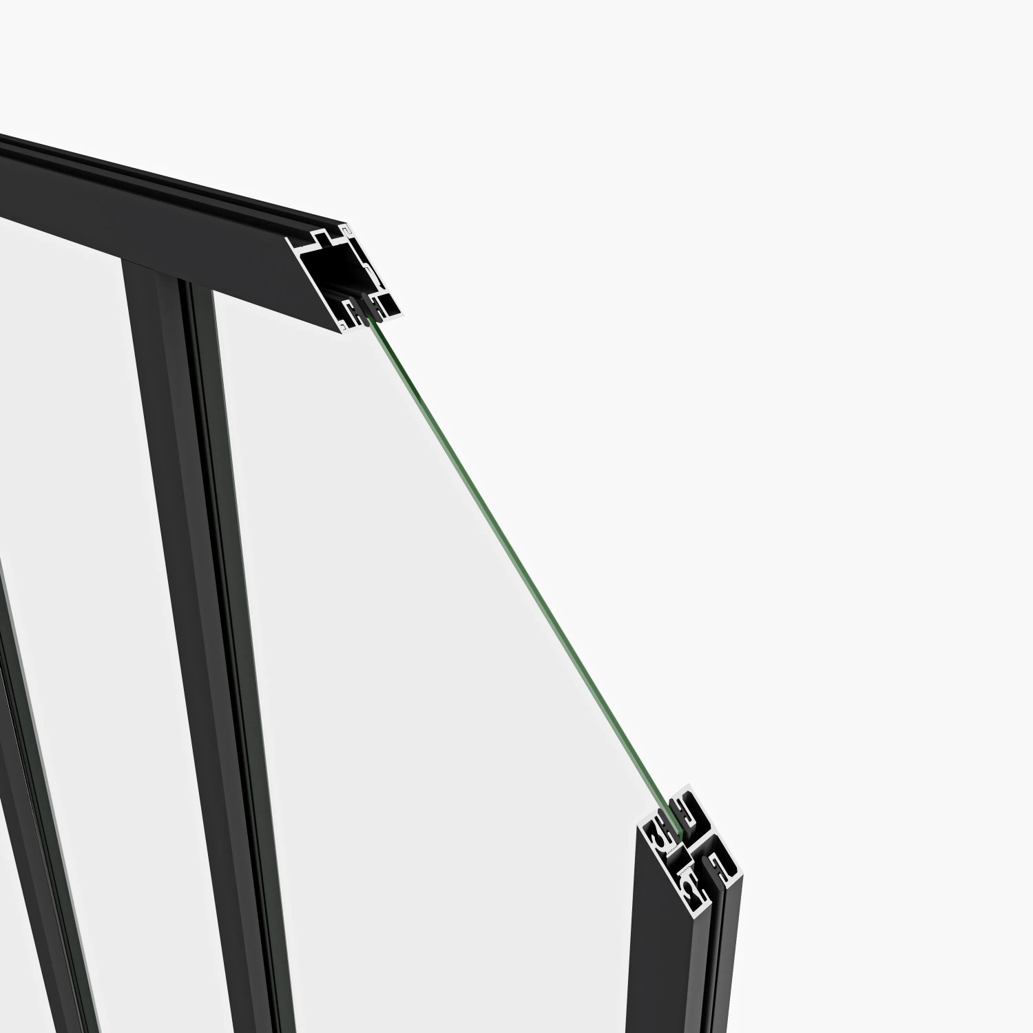 Detailaufnahme: AICA Loftstil Innenfenster Ecklösung mit schwarzem Rahmen.