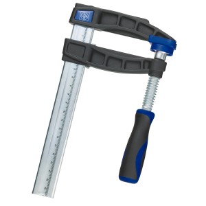 LUX Schraubzwinge Temperguss, 150x80mm, mit blau-schwarzem Griff.