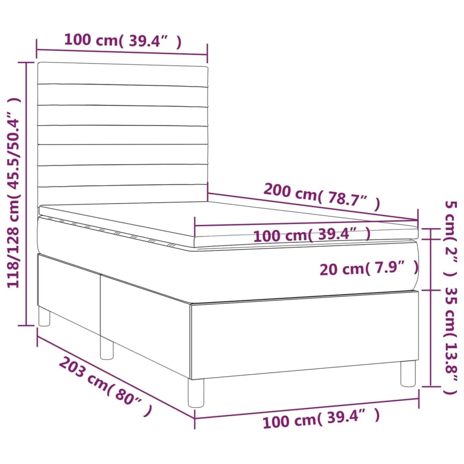 vidaXL Boxspringbett dunkelbraun, 100x200 cm. Stoffbezogenes Bett mit Matratze und Kopfteil. Ideal für erholsamen Schlaf.