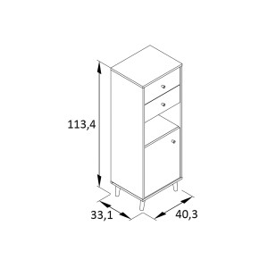 Skizze des weißen Schildmeyer Highboards Bjarne mit Tür, Schubladen und Maßen.
