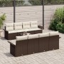 Braunes 9-teiliges vidaXL Garten-Sofa-Set aus Poly Rattan mit Tisch und beigen Kissen.