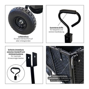 BERLINLODGE Bollerwagen All Black 205L mit Gitterauflage HxBxT 96x53x105cm Traglast 550kg Schwarz Gartenwagen Handwagen Transportwagen