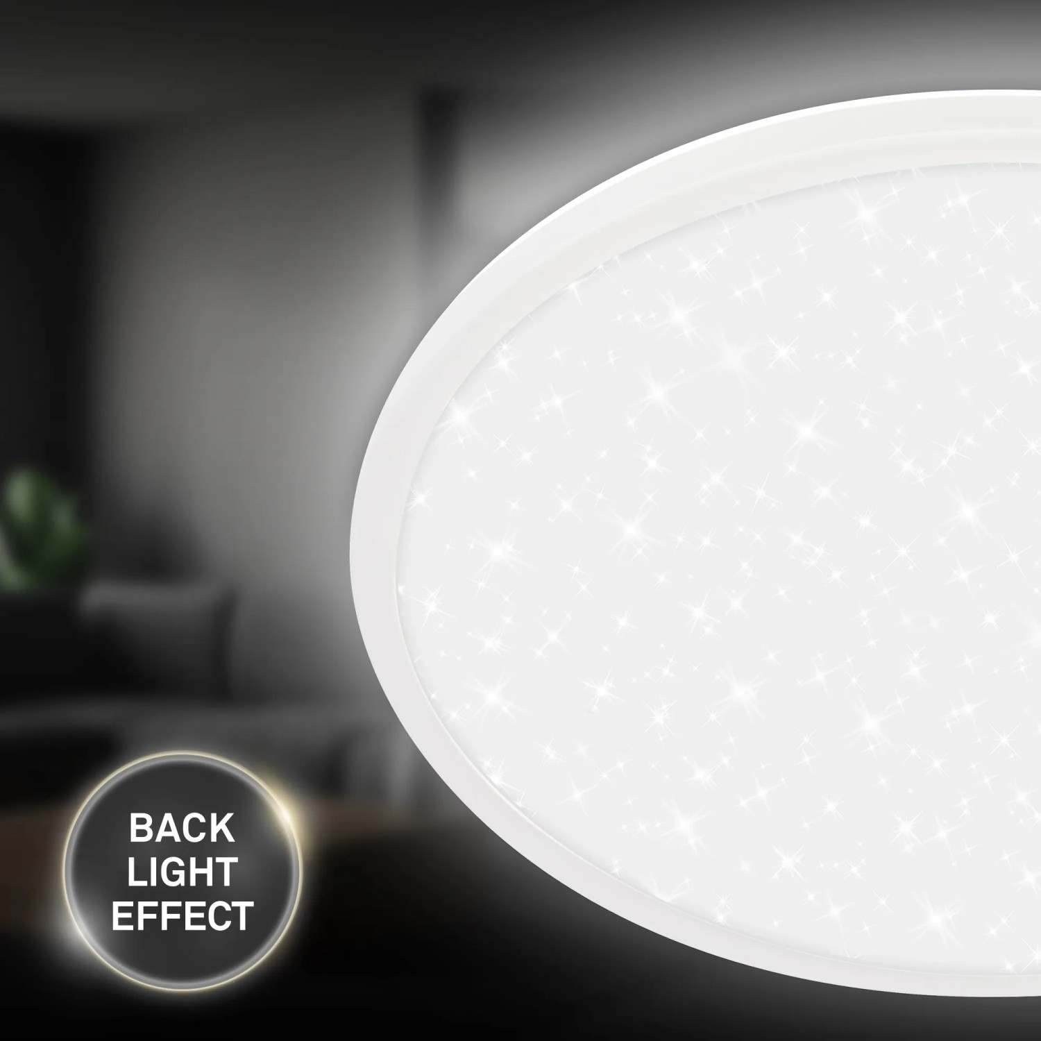 Weißes Brilo LED-Panel Slim Sternenhimmel mit Backlight-Effekt, eine moderne LED-Deckenleuchte.