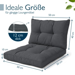 Graphitgraues Beautissu Lounge Kissen Set mit gestepptem Sitz- (50x50x10cm) und Rückenkissen (50x40x12cm) für Gartenmöbel.