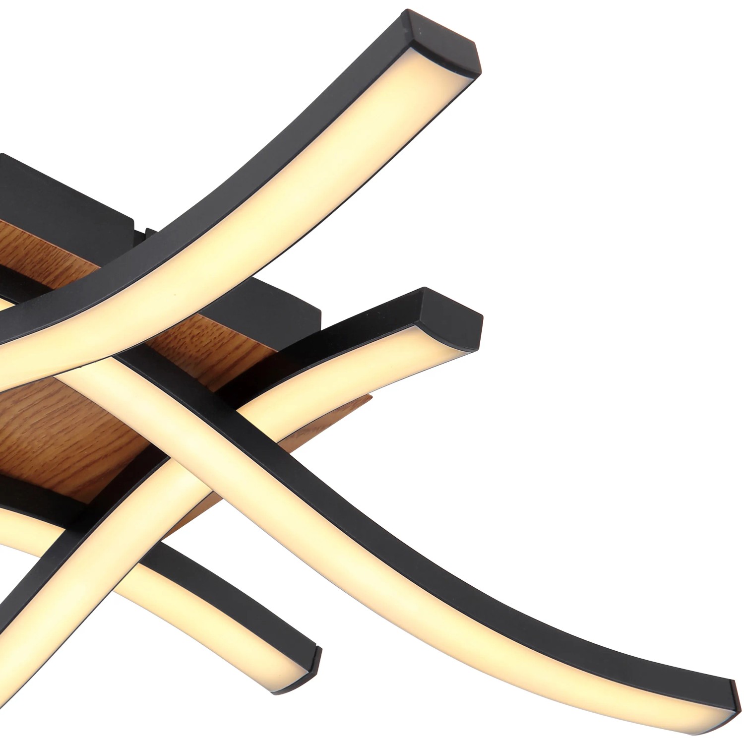 Moderne LED Deckenleuchte Evita, 43 cm, schwarz/Holzoptik, warmweißes Licht.