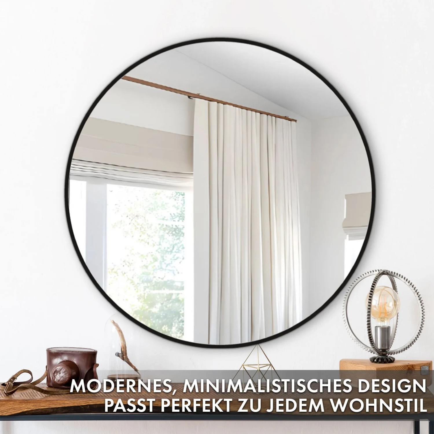 Runder Floordirekt Wandspiegel Bella mit schwarzem Aluminiumrahmen, Ø 50 cm.