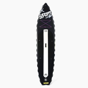 Schwarzes Suprfit Stand-Up Paddling Board 10'8 mit Graffiti-Design, Anti-Rutsch-Deckpad und lila Bungee-Seilen für Wassersport.