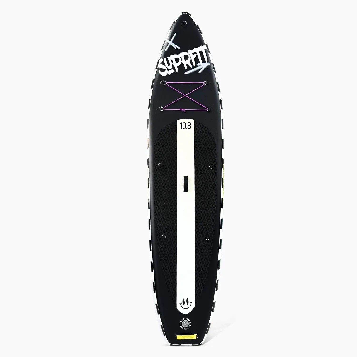 Schwarzes Suprfit Stand-Up Paddling Board 10'8 mit Graffiti-Design, Anti-Rutsch-Deckpad und lila Bungee-Seilen für Wassersport.