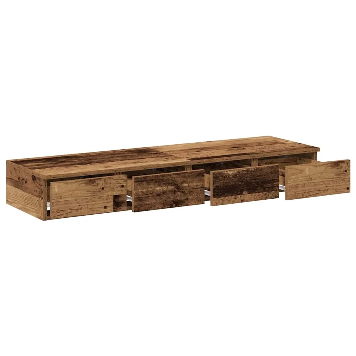 vidaXL Bettschubladen Altholz aus Holzwerkstoff, 120 cm, mit drei teilweise geöffneten Schubladen.