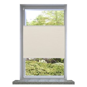 Cremefarbenes Plissee-Faltrollo 60x125cm am Fenster für Sonnen- und Sichtschutz.