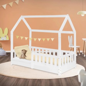 Weißes ML-Design Kinderbett 70x140 cm mit Rausfallschutz und Lattenrost im Haus-Design.