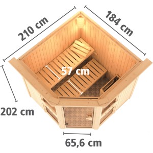 Karibu Sauna Anina 1 mit Bio-Ofen, Aufsicht: Elementsauna aus Fichte mit Maßen und zwei Liegen.