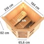 Karibu Sauna Anina 1 mit Bio-Ofen, Aufsicht: Elementsauna aus Fichte mit Maßen und zwei Liegen.