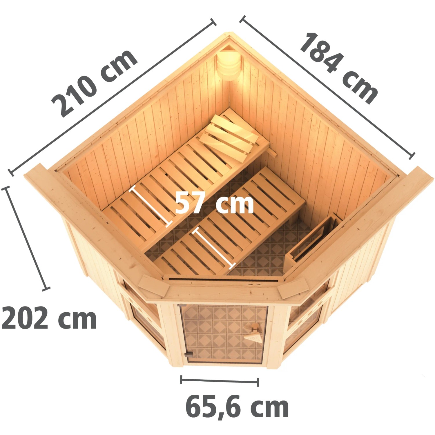 Karibu Sauna Anina 1 mit Bio-Ofen, Aufsicht: Elementsauna aus Fichte mit Maßen und zwei Liegen.