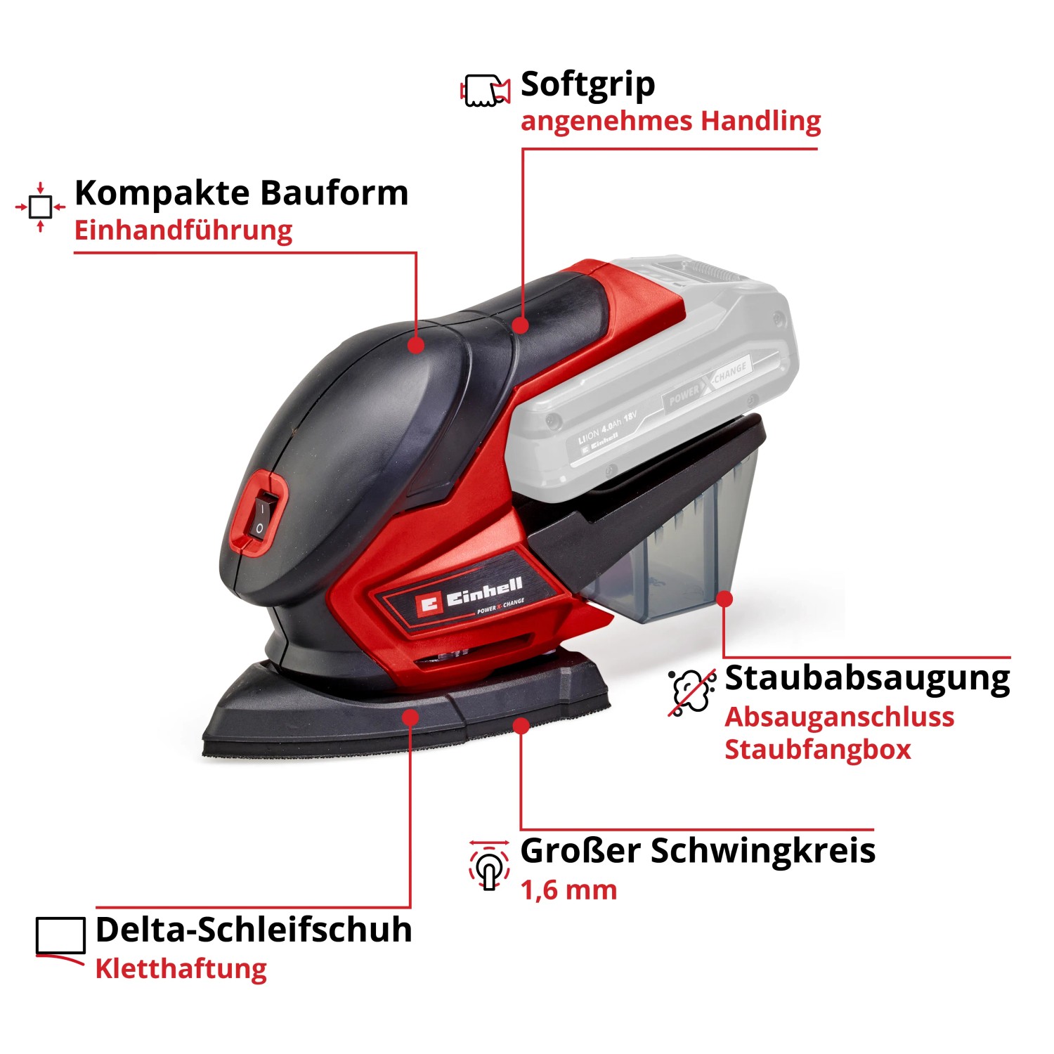 Einhell Akku-Multischleifer TE-OS 18/150 Solo: Kompakte Schleifmaschine mit Staubabsaugung, ohne Akku.