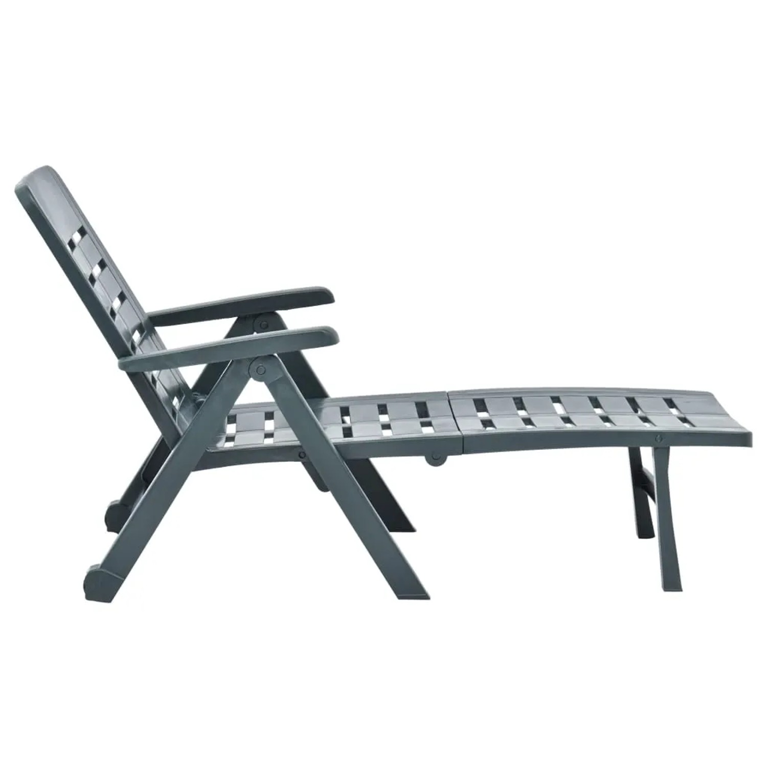 Grüne Klappliege aus Kunststoff von vidaXL, verstellbare Rückenlehne, ideal für Garten und Terrasse.