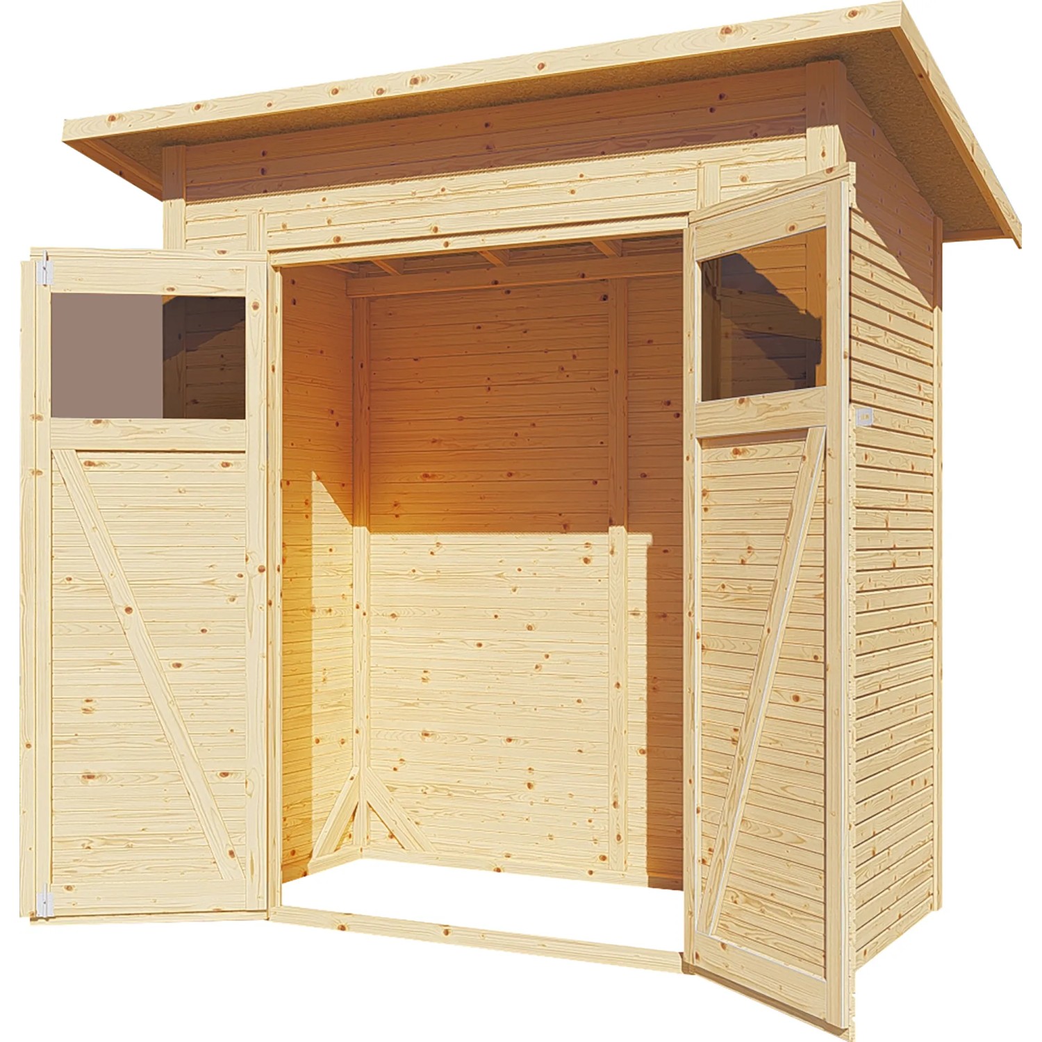 Bertilo Gerätehaus Pent Modern, naturbelassenes Holz mit Doppeltür und Fenster.