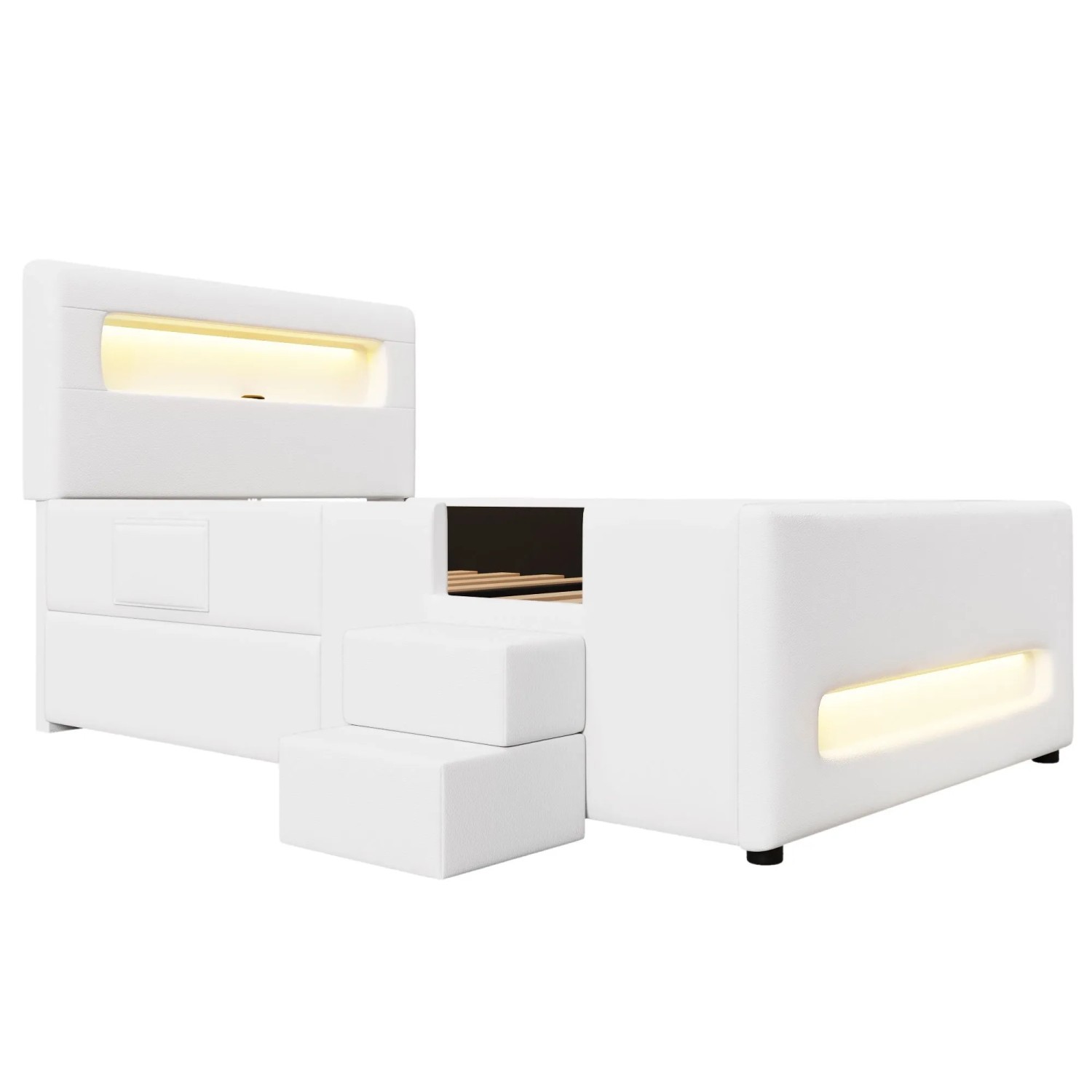 okwish Polsterbett 90x200cm mit Treppe Schubladen LED Kinderzimmer Weiß ohne Matratze