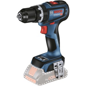 Bosch Professional Akku-Schlagbohrschrauber GSB 18V-90 C (Solo) in Blau mit Bohrfutter und Gürtelclip.