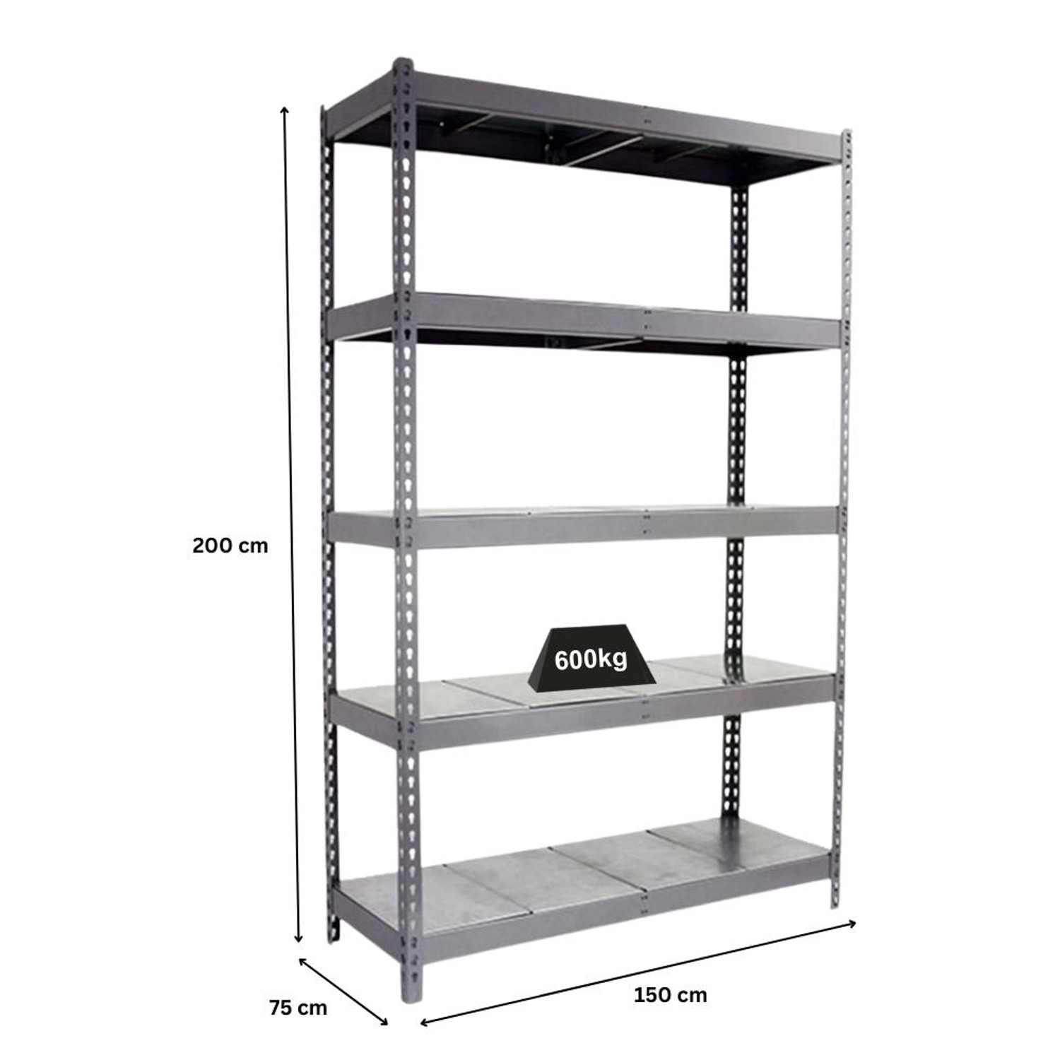 Graues PROREGAL Schwerlastregal Metal Beast Five, 200x150x75 cm, Fachlast 600 kg.