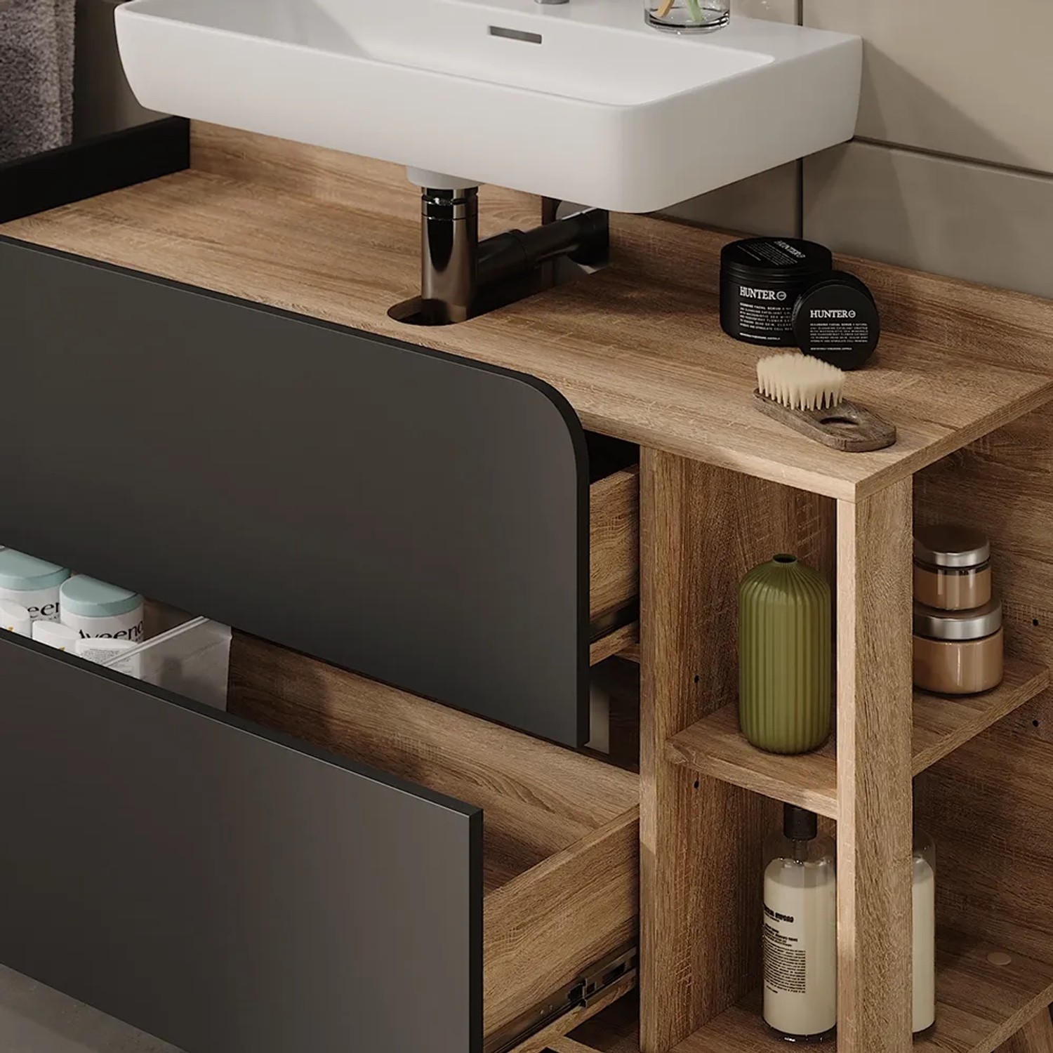 Vicco Waschbeckenunterschrank Karen, Sonoma/Anthrazit, 100 cm breit, mit Schubladen und offenen Fächern.